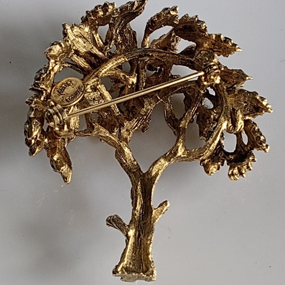Hattie Carnegie VTG Signed Tree Of Life Rhinestones Textural Gold Tone Brooch - Picture 8 of 12